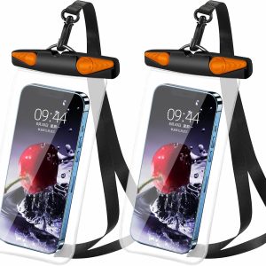 Waterproof Phone Pouch, Waterproof Phone Case with Lanyard for iPhone, Samsung, IPX8 Cellphone Beach Dry Bag Kayak Cruise Ship Essentials 2Pack-7.5" Black Orange