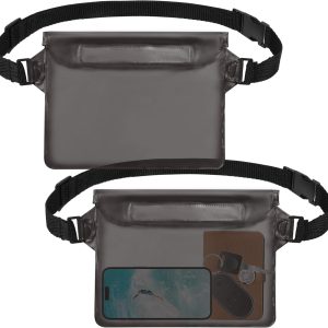 2-Pack Waterproof Pouch with Adjustable Waist Strap, Waterproof Dry Bag, Keeps Cell Phones and Valuables Safe and Dry, Perfect for Kayaking, Beach, Camping and Swimming (Black)
